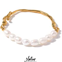 Yhpup หรูหราไข่มุกน้ำจืดธรรมชาติสแตนเลส 18k Gold สีสร้อยข้อมือกำไลข้อมือแฟชั่นผู้หญิงเครื่องประดับของขวัญใหม่-Huidkeir