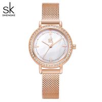 Shengke Relogio Feminino เคสหรูหราปรับได้สายนาฬิกาแบบถักโรสโกลด์ประดับคริสตัลเปลือกหอยเป็นเอกลักษณ์สำหรับผู้หญิงนาฬิกาข้อมือหน้าปัดกลม