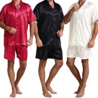 Men Fahion Summer 2Pcs Pajamas Suits Sets Satin Silk Short Sleeve Sleepwear Nightwear Homewear Tops pants