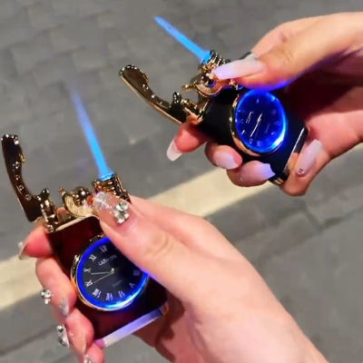 สร้างสรรค์นาฬิกาควอตซ์ Windproof เบาโลหะแสงสีฟ้าบิวเทนเจ็ทเปลวไฟไฟฉายเบาโยกจุดระเบิดของขวัญผู้ชายสูบ
