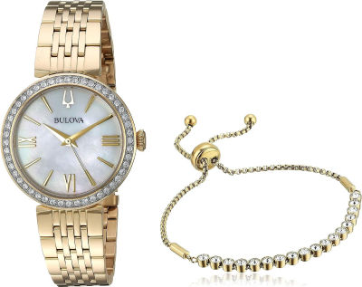 Bulova Ladies Classic Gold Tone Stainless Steel Box Set with White Mother-of-Pearl 3-Hand Quartz Watch and Gold Tone and Crystal Accent Tennis Bracelet Style: 98X122