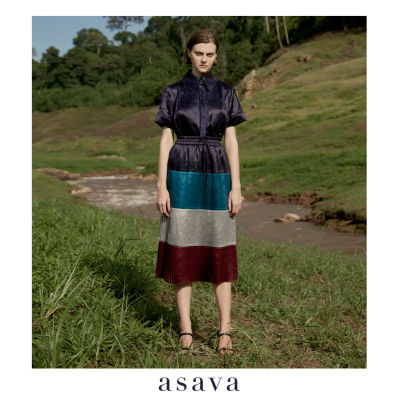 [asava rs22] Allia Pleated Stripes Skirt กระโปรง อาซาว่า แต่งเอวยางยืด ตัดต่อลายทางผ้าพลีท