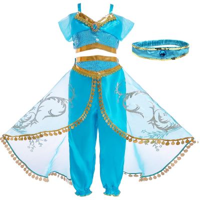 ▪ Princess Dress Up of Jasmine Aladdin and The Magic Lamp Girls Birthday Party Costume Cosplay Top Pants Wig for Kids