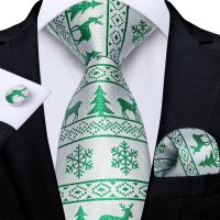 Christmas Tie Set for Men Green Snowflake Tree Print Jacquard Woven Necktie Set Pocket Square Cufflinks Party Accessories Gift