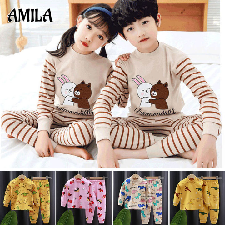 amila-เสื้อผ้าเด็กชุดชั้นในเด็กชุดผ้าฝ้ายเด็กเสื้อผ้าฤดูใบไม้ร่วงและกางเกงขายาวชุดนอนเด็ก