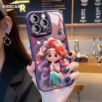 KISSCASE เคสโทรศัพท์โปร่งใสเลนส์กากเพชรเหมาะสำหรับ IPhone 15 14 13 12 Pro Max 15 Plus 14 Plus เคสใสเลนส์แสงแวววาวเด็กผู้หญิงผมหยิกป้องกันลายนิ้วมือเคสโทรศัพท์สำหรับ IPhone 14 Pro Max