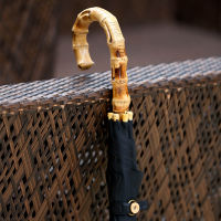 Hot Sale Bamboo Rattan Long Umbrella Men Retro Curved Handle Large Rain Umbrella Strong Glassfiber 8K Windproof Anti UV