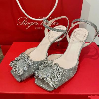 rv【high quality】original Rhinestone square buckle sandals womens summer new buckle sandals stiletto solid color satin fish mouth square head womens shoes summer new style womens shoes slippers for women slides outside wear sandals for wo