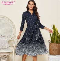 2021S.FLAVOR Single Button Star Printing Gradual Midi Dress Elegant 3/4 Sleeve Slim Retro A-line Vestidos Women Autumn Winter Dress