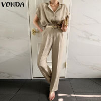 VONDA ชุดเดรสลำลองฤดูร้อนสำหรับผู้หญิง,เสื้อคลุมแขนสั้น + กางเกงขายาวสีพื้นยาวแบบเกาหลี (แบบลำลอง)