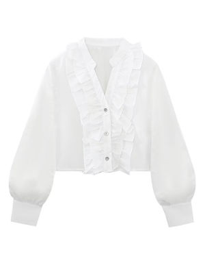 YENKYE ใหม่แฟชั่นผู้หญิง Ruffle V คอเสื้อสีขาว Vintage Pufff แขนสุภาพสตรี High Street Crop Shirt