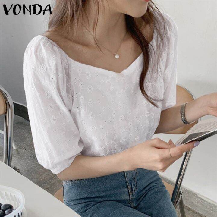 vonda-เสื้อเบลาส์-คอวี-แขนสั้น-ปักลาย-สีขาว-สไตล์เกาหลี-สําหรับผู้หญิง-5211034