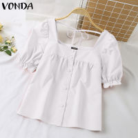 (จัดส่งฟรี)Fancystyle VONDA แฟชั่นสำหรับผู้หญิงปกสี่เหลี่ยมเสื้อสตรีแขนยาวพัฟแต่งระบายเสื้อสีทึบลำลอง #2