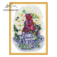 Crossdecor Cross Stitch ชุดด้วยวัสดุ Still Life Series พิมพ์11CT 14CT ประทับตราผ้าปักปักชุด Diy Dmc Craft Handmade Home ตกแต่งสำหรับ Sala Wall-ดอกไม้และดอกไม้สีฟ้า