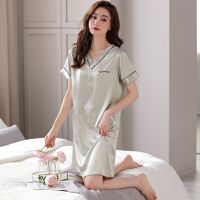 thin section v-neck sets ice silk nightgown female contracted with short sleeves loose comfortable dress wholesale