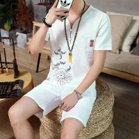 【Hot Sale】 Chinese style embroidery and linen suit retro mens short-sleeved T-shirt casual large size two-piece set