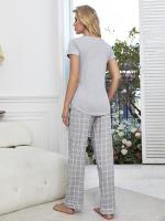 Women Pajamas Set Short Sleeve Tops &amp; Pants Pullover V Neck Button Down Sleepwear Plaid Trousers Soft Pj Lounge S-XL Home Suit