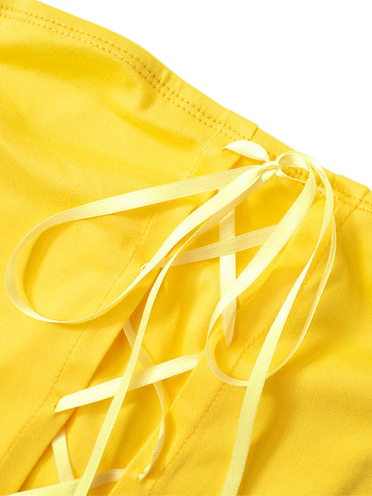 เสื้อสตรีมินิรัดรูปสีเหลืองไร้แขนไหล่ปลอกผ้าพันแผลฤดูร้อน