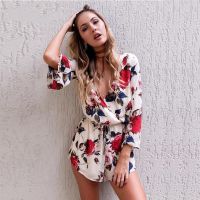 COD DSFERTEREERRE Women Deep V Neck Floral Print Jumpsuit Boho Long Sleeve Short Rompers Playsuit