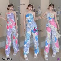 J18576 Set 2 ชิ้น เสื้อสายเดี่ยวคล้องคอ โบว์ผูกหลัง + กางเกงขากระบอก Set of 2 pieces: tank top, halter neck, back bow + trousers