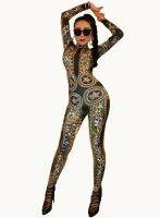 【YD】 Gold Printed Stretch Rhinestones Jumpsuit Womens Bodysuit Costume Outfit dance Dancer Performance Rompers