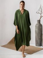 Baju Renang Wanita, Kaftan Jubah Pantai Padat Leher V Elegan Musim Panjang Longgar Pajai Baju Renang