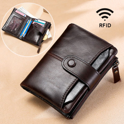 กระเป๋าเงินแบบมีซิปกระเป๋ากระเป๋าเก็บบัตร Dompet Koin กระเป๋าใส่เงินของผู้ชายหนังแท้ชั้นแรกปิดกั้น RFID คุณภาพสูงกระเป๋าเงินแบบกระเป๋าสตางค์บุรุษ