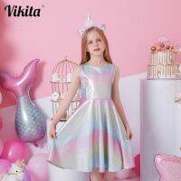 〖jeansame dress〗 VIKITA เด็กฤดูร้อนแขนกุดชุดเด็กรูปแบบนางเงือกพิมพ์ตาข่าย Tulle Vestidos เด็กวันเกิด Party ชุดราตรีชายหาด