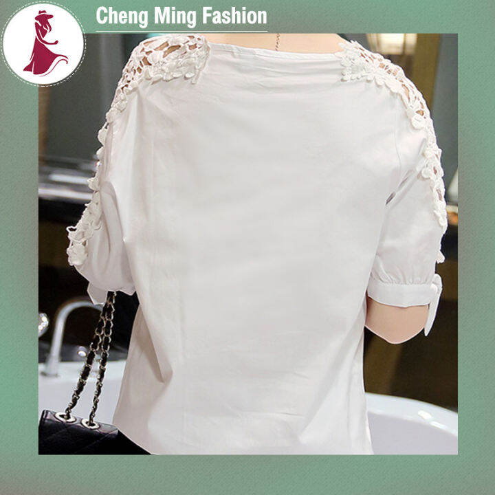 cheng-ming-เสื้อขนาดพิเศษผู้หญิงคอวีเสื้อลูกไม้ลายฉลุหรูหรา-เสื้อ-lengan-pendek-musim-panas-เสื้อทรงหลวมลำลอง