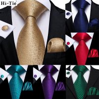 Hi-Tie Luxury Gold Blue Solid Silk Wedding Tie For Men Hanky Cufflink Men Necktie Set Business Party Dropshipping Fashion Design Ties