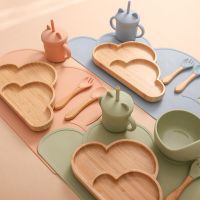 6Pcs Baby Silicone Plate Spoon Set Baby Feeding Silicone Bowl  for kid Non-slip Bamboo Wood Dinner Plate Silicone Tableware Bowl Fork Spoon Sets