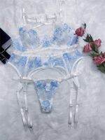 2023 Korean Fancy Lingerie Sexy Delicate Transparent Bra Underwear 4-Piece Fairy Lace Luxury Embroidery Bilizna Set Garter Intimate