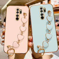 เคสสำหรับ Xiaomi Redmi 9 /Redmi 9A / Redmi 9C / Redmi 9T มีสายโซ่สร้อยข้อมือรูปหัวใจแห่งความรักหรูหรากรอบสี่เหลี่ยมเคลือบ6D มันวาวสำหรับเด็กผู้หญิงเคสมือถือซิลิโคนกันกระแทกฝาหลัง Casing Ponsel