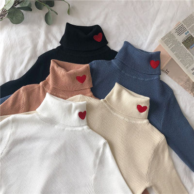 Knitted Women Sweater Ribbed Pullovers Heart Embroidery Turtleneck Autumn Winter Basic Women Sweaters Fit Soft Warm Tops