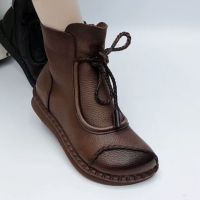 รองเท้าบูท Caohuatang3Ankle Sepatu BOOT Pendek แบนด้านล่างรองเท้าแม่เด็กรองเท้าบูทสไตล์วรรณกรรมและชาติพันธุ์ Bootscaohuatang3ฤดูใบไม้ร่วงและฤดูหนาวหนังของผู้หญิง