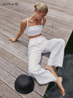 Mnealways18 Cotton Linen Women Summer Outfit Sleeveless Crop Top And Palazzo Pants 2 Piece Set Female Midriff Top Pants Suits