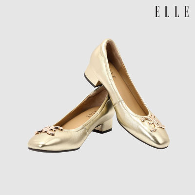 ELLE SHOES รองเท้าหนังแกะ ทรงส้นเหลี่ยม LAMB SKIN COMFY COLLECTION รุ่น Block heel สีทองเมทาลิก ELB003