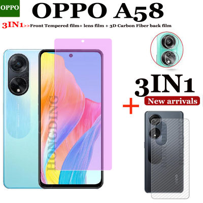 (3ใน1) กระจกเทมเปอร์ฟิล์มกระจกเทมเปอร์กระจกนิรภัยฟิล์มป้องกัน A58 OPPO + ฟิล์มคาร์บอนไฟเบอร์ด้านหลัง + เลนส์กล้องถ่ายรูปสำหรับ OPPO A58กระจกเทมเปอร์กระจกนิรภัยป้องกันแสงม่วงน้ำเงินป้องกันสีม่วง