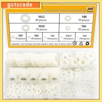 GOTORADE 600Pcs M2 M2.5 M3 M4 M5 M6 M8 M10 M12 เครื่องซักผ้าไนลอน 9ขนาด สีขาวขาว ตัวเว้นระยะแหวนรองพลาสติก ทนทานต่อการใช้งาน กลมกลมๆ ชุดแยกเครื่องซักผ้าแบน การเชื่อมต่อไฟฟ้า