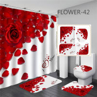 3D Digital Printing Rose Flowers Shower Curtain Waterproof Polyester Bathroom Curtains Red Shower Curtain Set Bath Mats Rugs