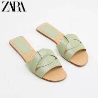 №☊✲ Zara รองเท้าแตะหนังวัว พื้นแบน สีเขียว แฟชั่นฤดูร้อน สําหรับผู้หญิง 2022