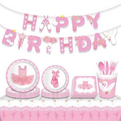 [HOT QIKXGSGHWHG 537] Pink Ballet Girl Theme Happy Birthday Party Disposable Tableware Set Children 39; S Favorite Shower Party Gift Decorations