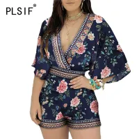 Fashion v neck beach boho romper women jumpsuit summer print elegant shorts jumpsuits lady body femme