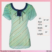 USED - Sheer Light Blue Striped Top | เสื้อแขนสั้นสีฟ้า สีดำ เสื้อซีทรู ลายทาง คอกลม โบว์ วินเทจ ทำงาน มือสอง