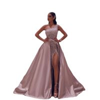 Women Luxury Pink Prom Party Gown Patchwork Sequin One Shoulder Sleeveless High Split Slim Sexy Bride Dress Elegant Vestido