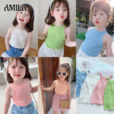 AMILA เสื้อสไตล์สีทึบไม่มีแขนสำหรับเด็กผู้หญิง,เสื้อสไตล์ต่างประเทศเสื้อนอกเสื้อกั๊กคอกลมสำหรับเด็กผู้หญิงตัวเล็กๆ