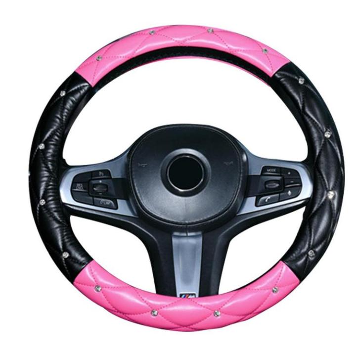 glitter-steering-wheel-cover-anti-slip-pu-leather-rhinestone-steering-wheel-cover-soft-car-interior-accessories-for-women-girls-portable-steering-wheel-protector-positive