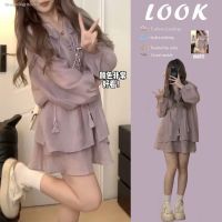 Autumn clothing with a complete set of 2023 new large size sweet ruffled lapel sunscreen long-sleeved shorts two-piece for women