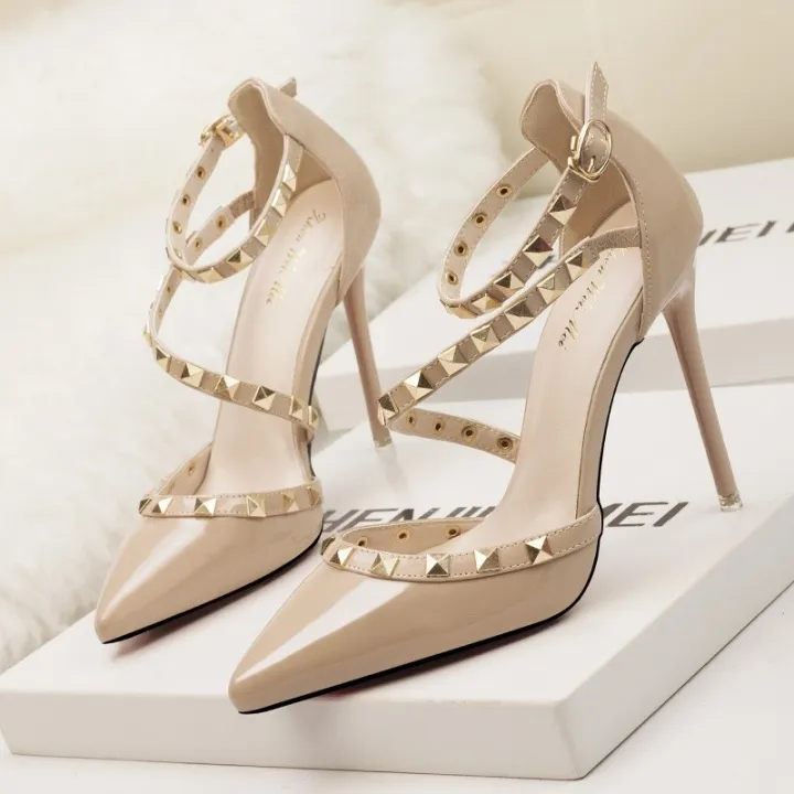 Fashion Sexy AnkleStrap Ankle Rivet Rockstud Pointed 4 InchesHigh Heels ...