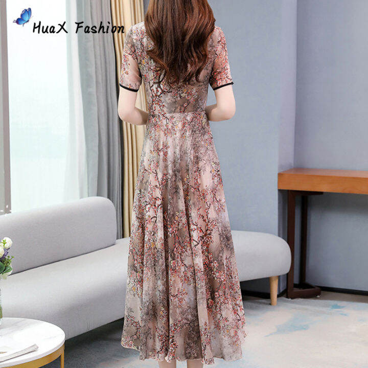 huax-เสื้อผ้ากุลสตรีรูปแบบดอกไม้กลางความยาวสั้น-ชุดกีเพ่าแขนสั้นชุดสี-สีเขียวขนาด-m